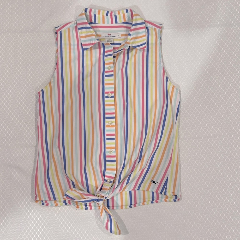 Vineyard Vines multicolored striped collared tank ties in front, buttons, Sz 2